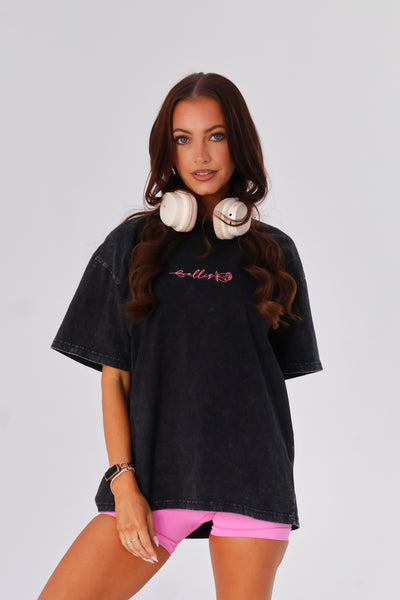 Washed Oversize Tee - Black / Pink logo