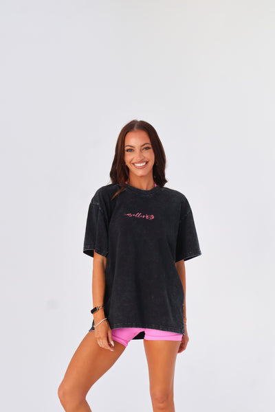Washed Oversize Tee - Black / Pink logo