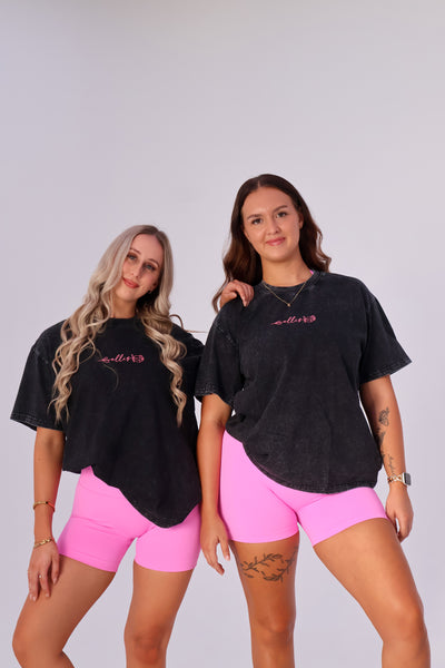 Washed Oversize Tee - Black / Pink logo