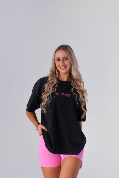Washed Oversize Tee - Black / Pink logo