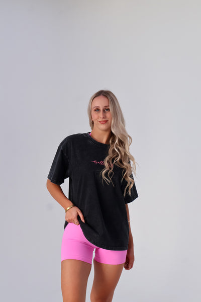 Washed Oversize Tee - Black / Pink logo