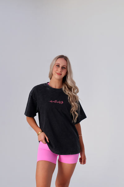 Washed Oversize Tee - Black / Pink logo
