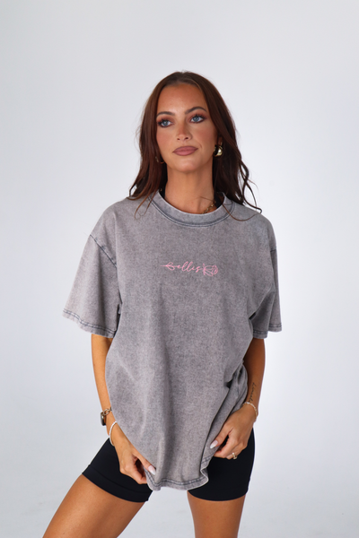 Washed Oversize Tee - Grey /  Pink Logo